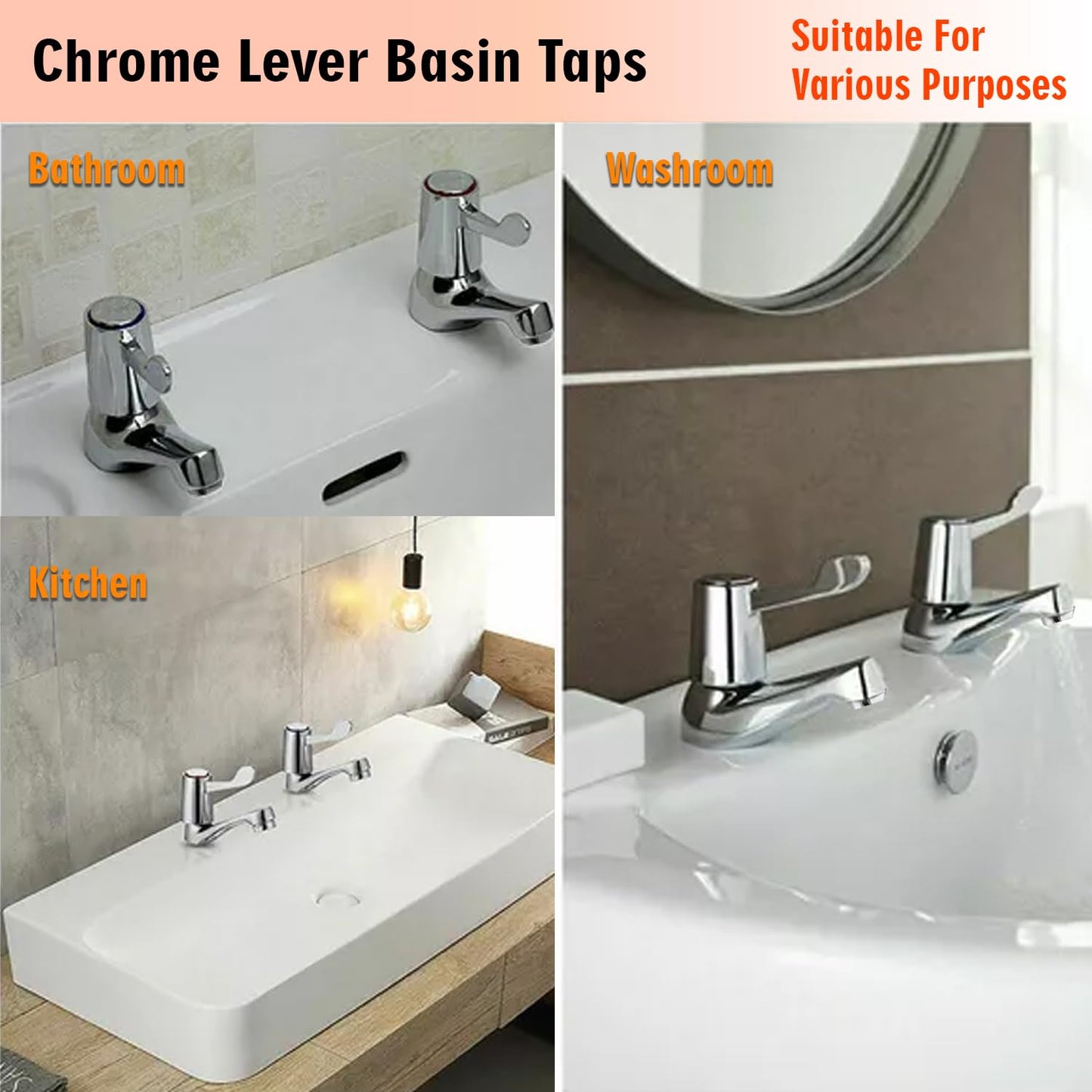 Basin taps Pair of Bathroom taps Basin Pair, Quarter Turn Basin taps Pair, Chrome Brass Pillar Hot and Cold Water Basin taps, ¼ Turn Lever Sink taps for Bathroom Kitchen, Sink tap Double Basin taps