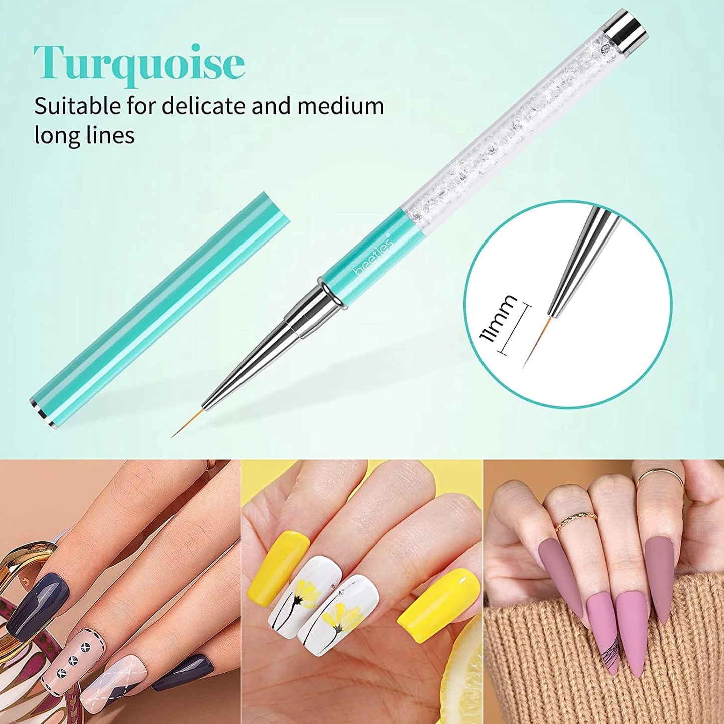 Beetles Nail Art Liner Brushes, Nail Gel Polish Painting Nail Art Design Brush Pen Set Diamond application Rhinestone Handle, Nail Dotting Painting Drawing Pen Sizes 5/7/9/11/20mm, 5Pcs Liner Brushes 5pcs