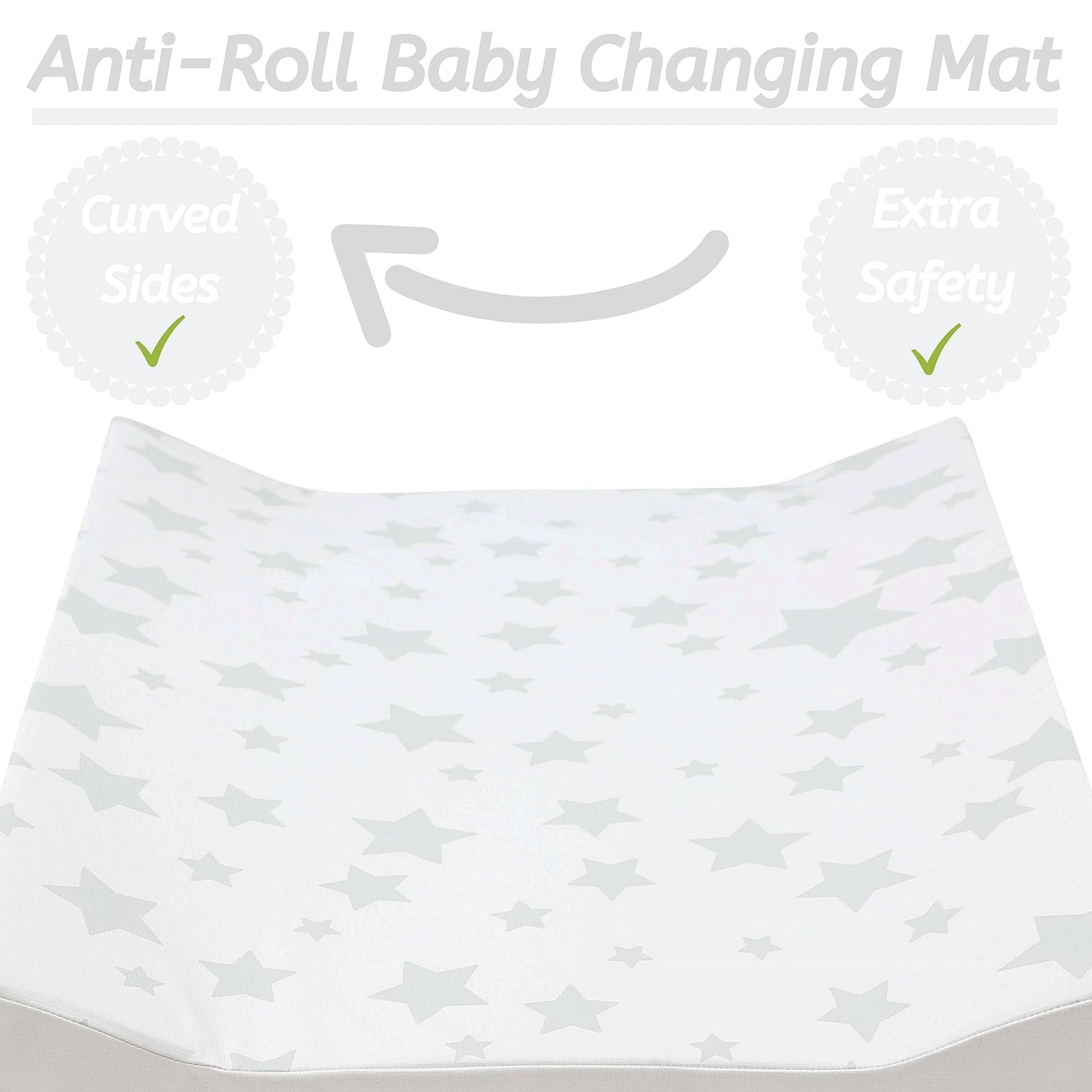 Babycurls Deluxe Anti-Roll PVC Wedge Nappy Baby Changing Mat with Curved Sides and Raised Edges for Babies from Birth Upwards Wipe Clean and Waterproof 69 x 45 x 8cm (Grey Stars) Grey Stars