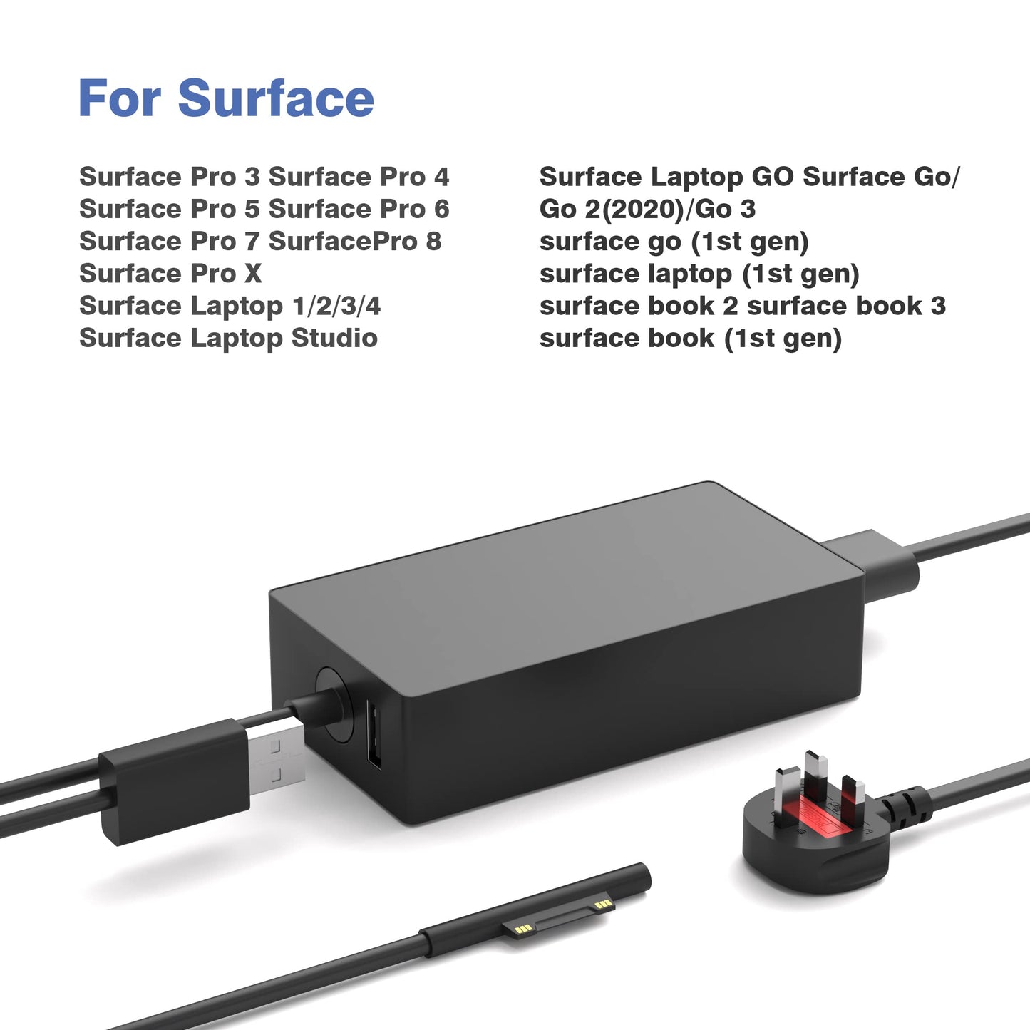 65W Surface Pro Charger Compatible with Microsoft Surface Pro Laptop Charger UK, Surface Pro 8/X/7/6/5/4/3, Surface Go 1/2/3/4, Surface Book 1/2, Windows Surface Laptop Charger 65W Surface Pro Charger