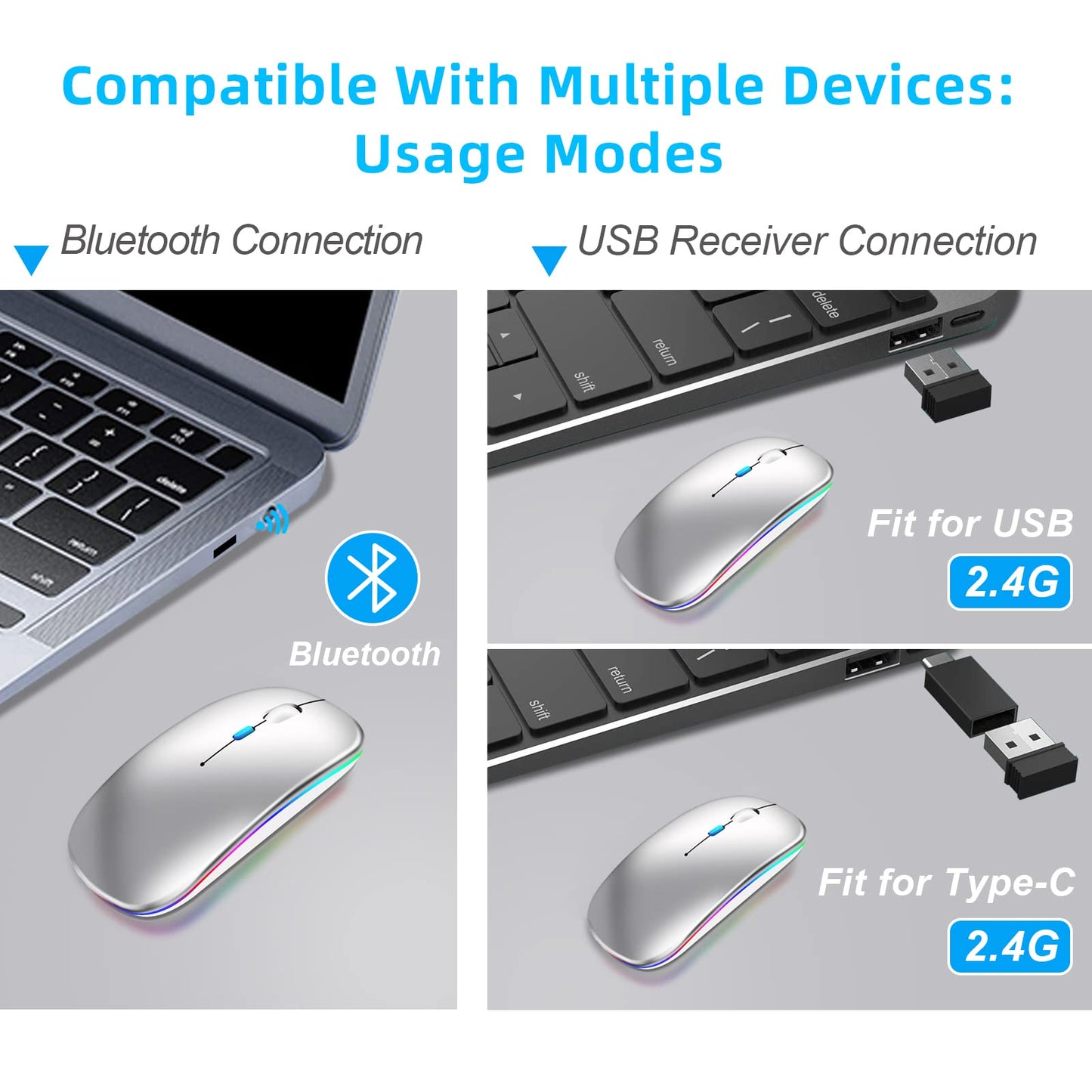 Wireless Mouse, Bluetooth Mouse for Laptop and 2.4Ghz USB Mouse for Computers, Rechargeable Silent cordless mouse with USB C Adapter Compatible with iPad,Macbook air/pro,chromebook,Desktop,PC, Silver