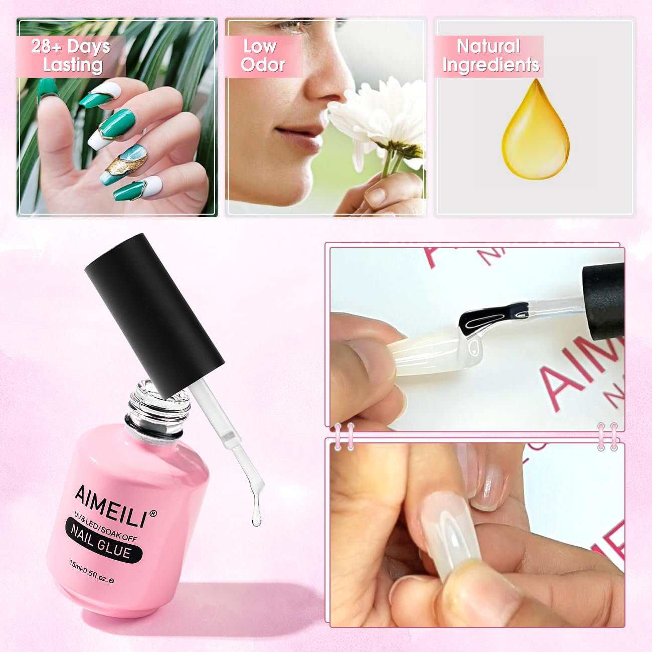 AIMEILI Nail Glue for Acrylic Tips Extra Strong Nail Bond Glue Brush On Clear Gel Adhesive Glue for Stick On Soft Gel Tips, Acrylic Nails, False Nails & Tips, UV LED Cure Needed