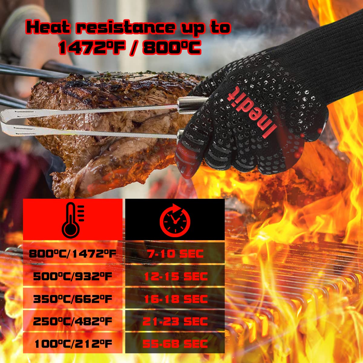 BBQ Gloves Extreme Heat Resistant - Heat Proof Gloves - Oven Gloves - Extreme Heat And Fire Resistant (Up to 800°C / 1472°F) - BBQ/Fireplace/Stove/Grill/Hot Pot/Welding Gloves