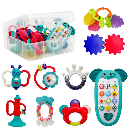 Baby Rattle Teether Toy Phone Set, Grab Shaker and Spin Rattle Toy 9PCS, Infant Newborn Baby Toys 6 to 12 Months with Storage Box, Infant Teething Toys for Toddlers Boys Girls