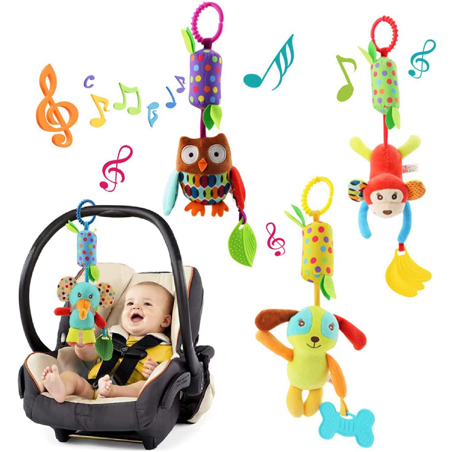 wohot 4packs Baby Pram Pushchair Toys Hanging Rattle Sensory Educational Toy, Newborn Pram Toys Car Seat Crib Travel Activity Plush Animal Wind Chime with Teether for Boys Girls (4 packs)