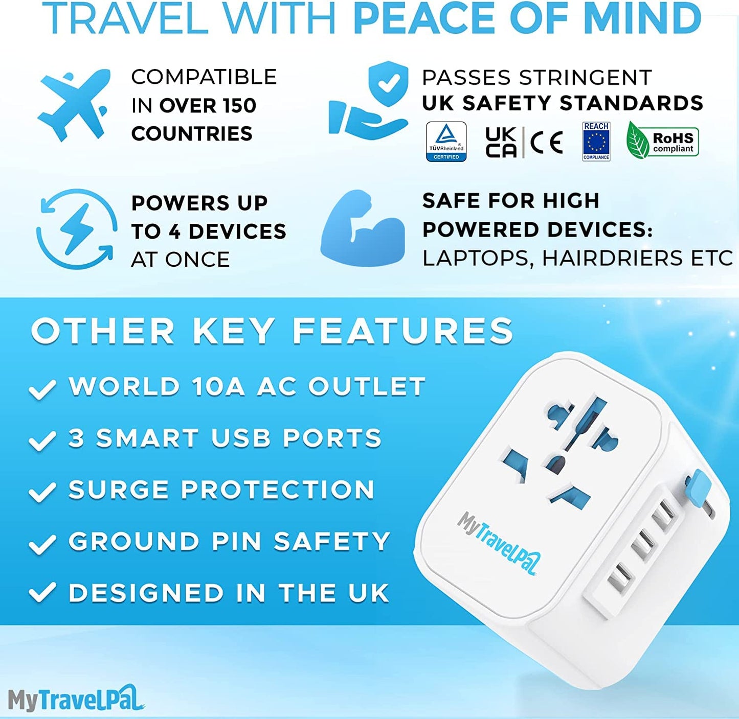 Worldwide Travel Adapter with USB | The Safest All In One Travel Adaptor | MyTravelPal® Pro Grounded Universal Travel Adapter Worldwide | Earthed International World Charger Multi Travel Plug Adapter 3 USB A