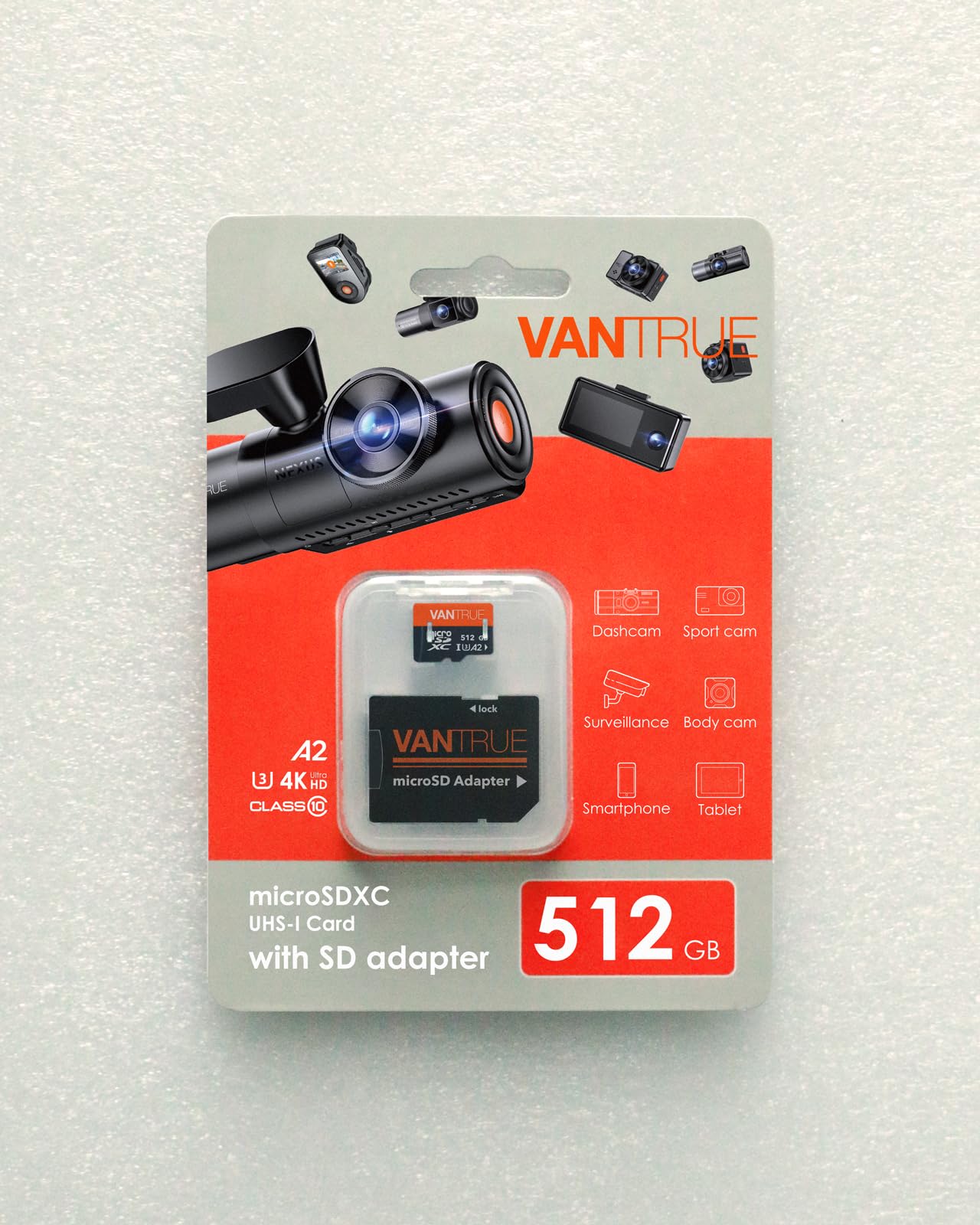 Vantrue 512GB Memory Card MicroSDXC UHS-I A2 High Speed 4K UHD Video High Speed Transfer Monitoring SD Card APC A2 with Adapter for Dash Cams, Body Cams, Action Camera, Surveillance & Security Cams