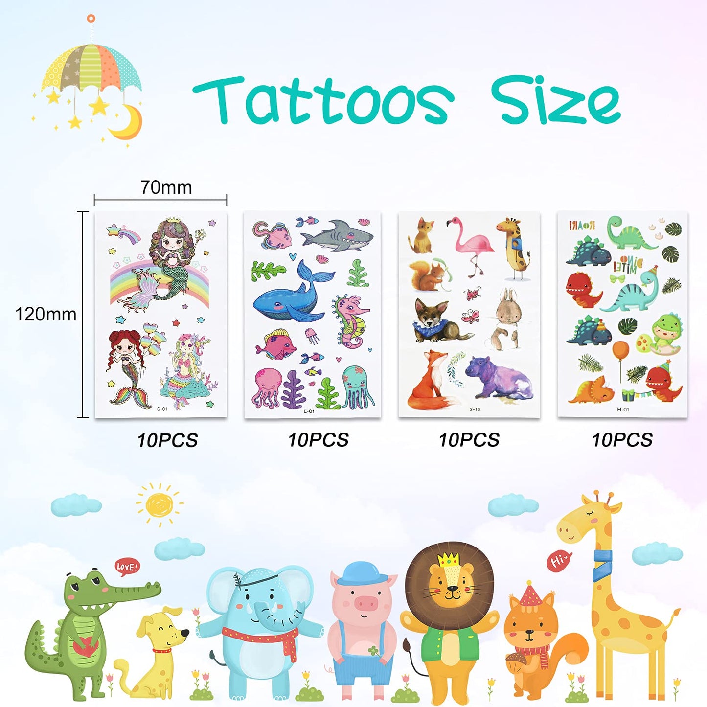 40 Sheets Temporary Tattoo for kids, Dinosaur, Underwater World, Cartoon Animals,Mermaid Paper Tattoo Stickers for Teens Boys Girls Arm Face Transfer Tattoos, Children Birthday Party Favors Gift