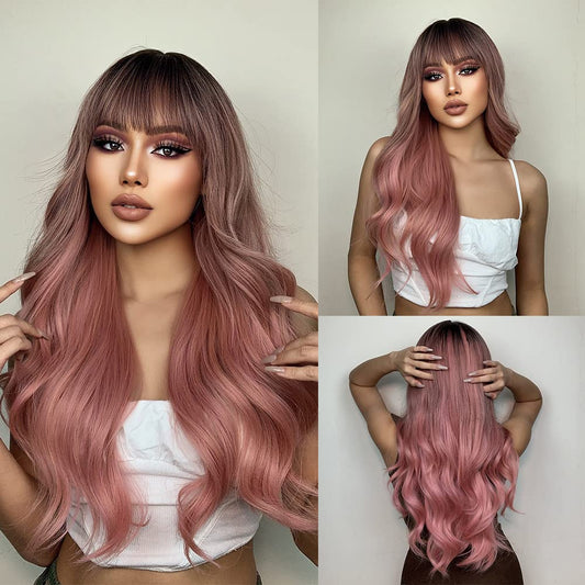 VAIRETY Long Pink Wig with Bangs, 26 inch Long Wavy Bob Wig, Ombre Pink Heat Resistant Synthetic Wigs for Women, Women's Wigs for Daily Party Wear Black Pink