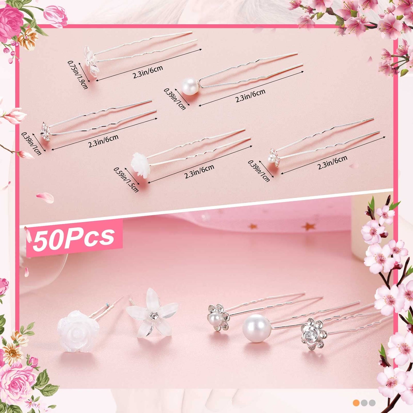 50 Pieces Bridal Wedding Hair Pins White Rose Flower Hair Pins White Flower Rhinestone Hair Pins Faux Pearl Hair Pins Bridal Rhinestone Hair Clips Accessories for Women Girls, Silver White