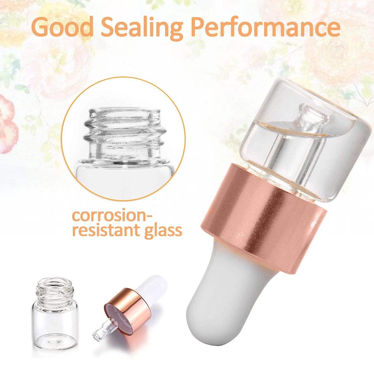 Yalbdopo 24Pcs, 1Ml Clear Glass Sample Dropper Bottles, Empty Mini Bottles with Dropper Pipettes Rose Gold Aluminum Alloy Cap Refillable Sample Container for Essential Oil Perfume Cosmetic Liquid Transparent Glass Rose Golden Cap