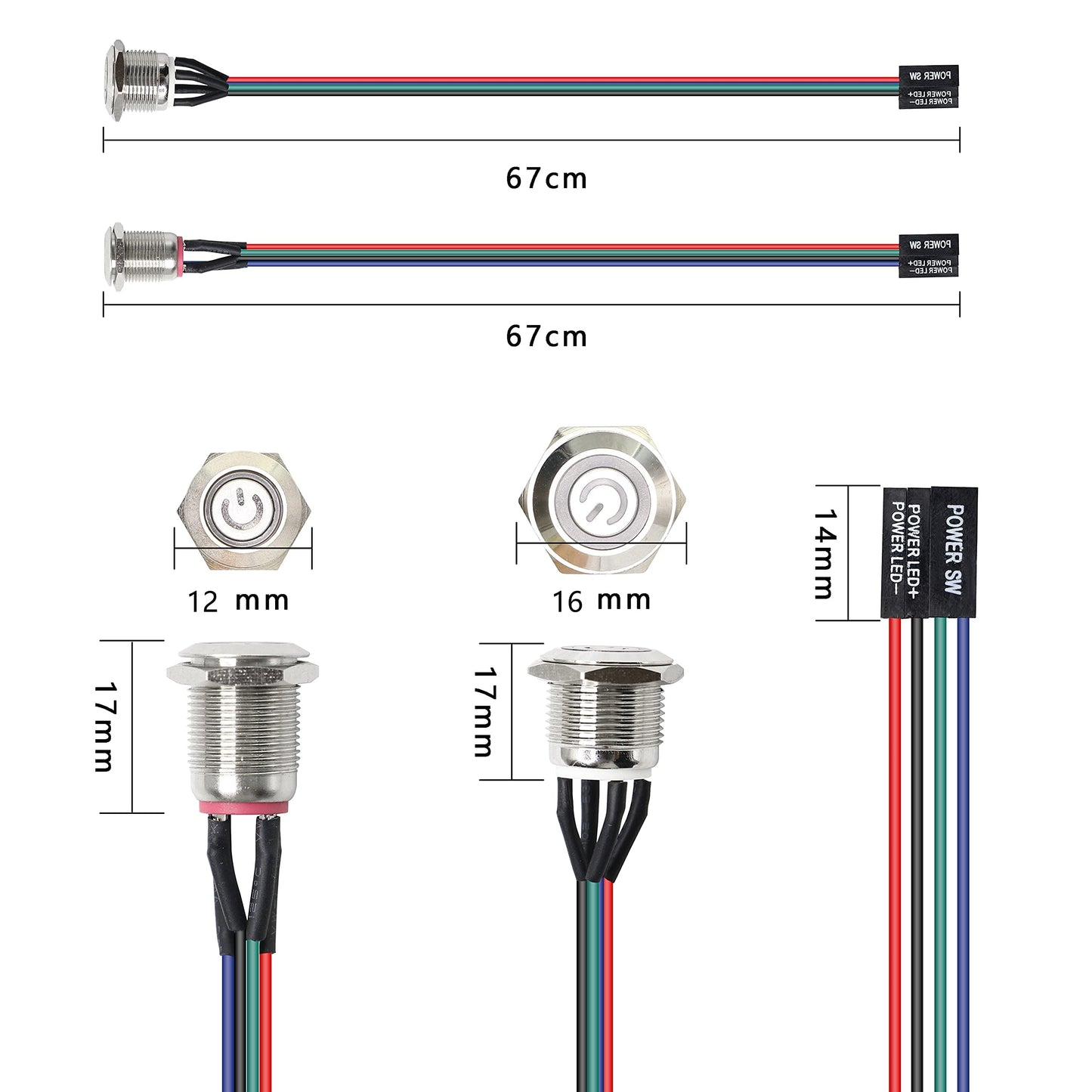 XMSJSIY Chassis Switch Host Metal Button, Computer Host Switch Cable PC Case LED Power Button ATX Supply On/Off for DIY Computer Switch 60cm - 1pcs (12mm) 12mm