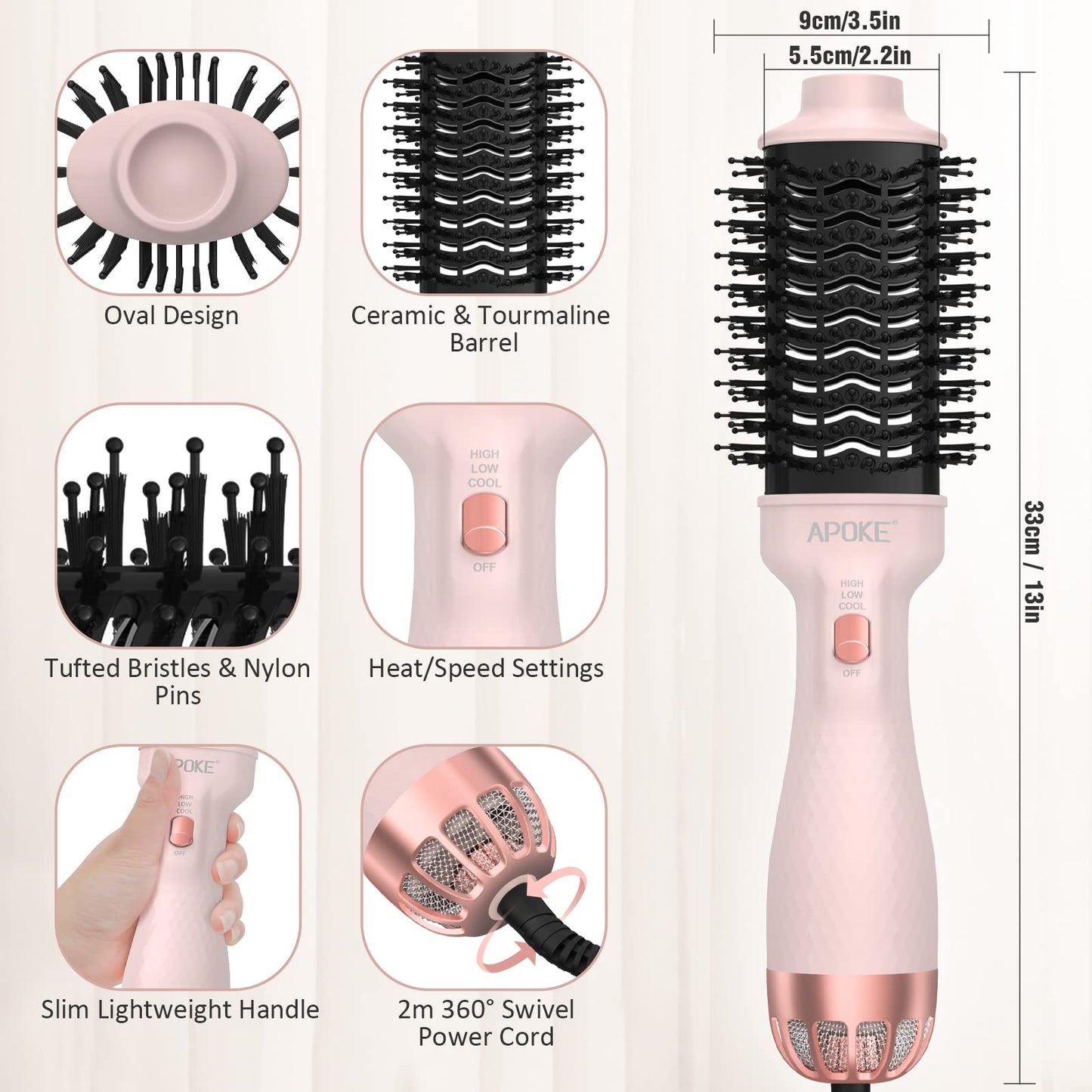 APOKE One Step Hair Dryer Brush Hot Air Stylers and Volumizer, Lightweight Hairdryer Heated Air Brush for Drying Straightening Curling Volumizing Hair Pink