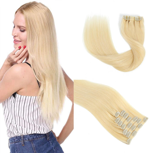 18'' Double Weft Clip in Hair Extensions Real Human Hair Full Head 8 Pieces 100g Silky Straight -100% Real Remy Human Hair Lace Weft Clip in Human Hair Extensions (18 Inch 100g, #613 Bleach Blonde) 18 Inch 100g