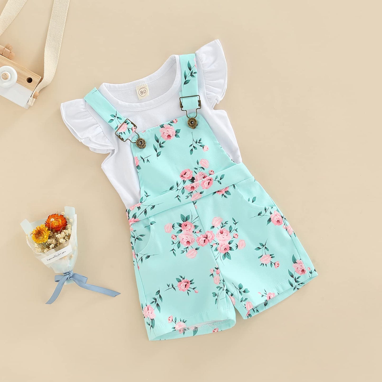 ZZLBUF Toddler Baby Girl Overalls Romper Outfit Kids Ruffle Sleeve Tops T-Shirt + Floral Suspender Pocket Shorts Clothes Set Floral Green 18-24 Months