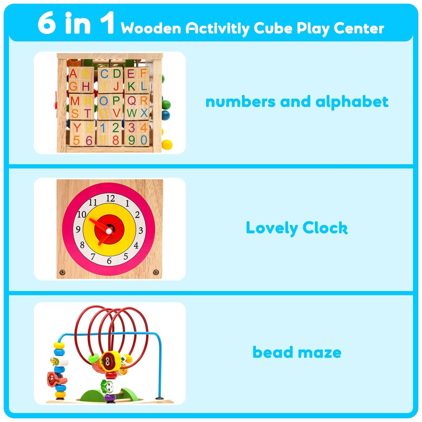 Wooden Activity Cube 7 in 1 Wooden Shape Sorter Activity Centre Multifunctional Educational Bead Maze Clock Rollercoaster Abacus Puzzle Animal Alphabet Number Toy for Child Kids Boys Girls