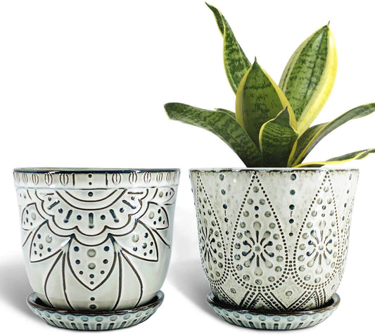 YFFSRJDJ 15CM Flower Pots-Set of 2. Beaded Ceramic Planter with Drainage Hole and Saucer for Plants, Indoor-Outdoor Large Round Succulent Plant Garden Pot (White) Set of 2 - 15CM Cream White