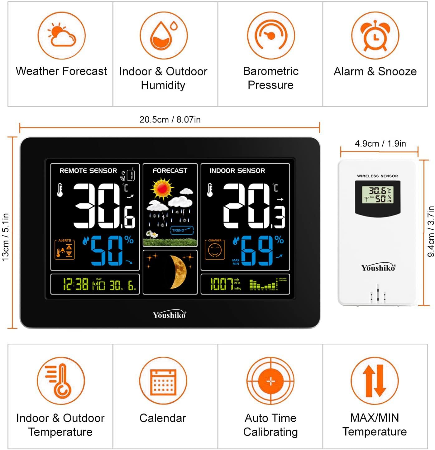 Youshiko YC9444 (Official 2025 UK Version) Wireless Weather Station, Radio Controlled Clock, Indoor Outdoor Temperature Thermometer, Humidity, Barometric Pressure, Ice Alert, Moon Phase