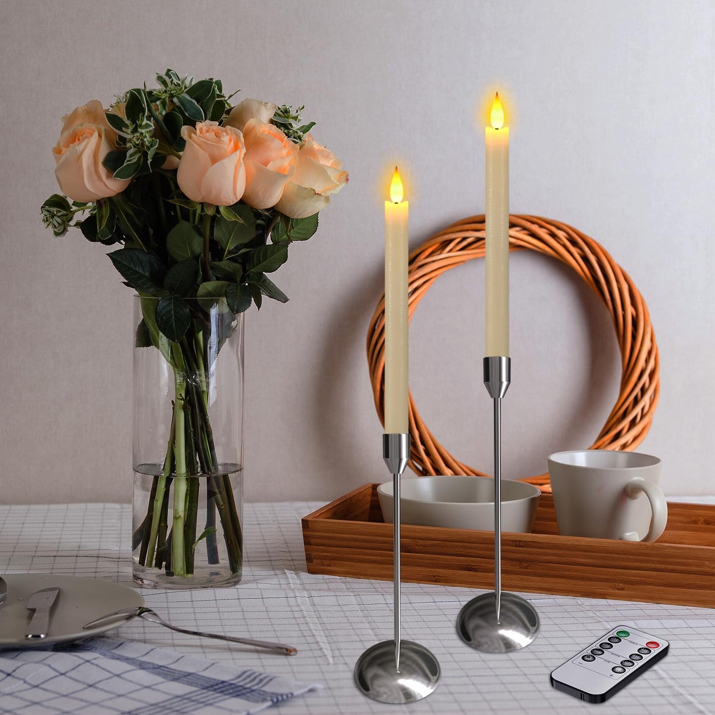 Ymenow LED Battery Operated Candles with Remote, 6pcs 24.5cm Long Fake Flameless Flickering Ivory Taper Candles in Real Wax with 2/4/6/8 Hours Timer for Dinner Halloween Christmas Room Window Decor