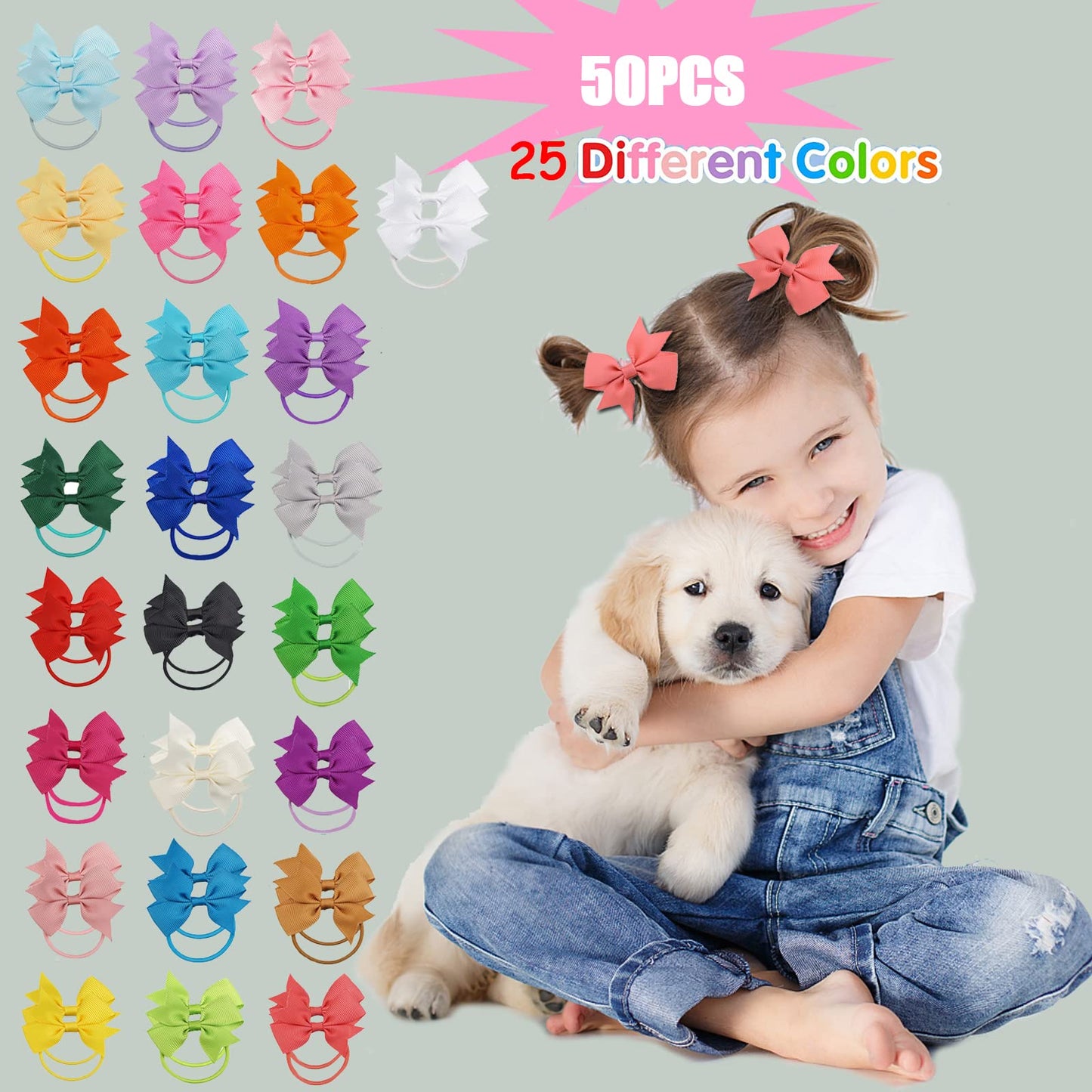 50Pcs Kids Bow Hair Bands, 2.36 Inch Kids Hair Bows Baby Hair Ties for Girls and 100pcs Small Elastic Hair Bands, Ponytail Bow Hair Bow Bobbles for Girls Toddler Kids