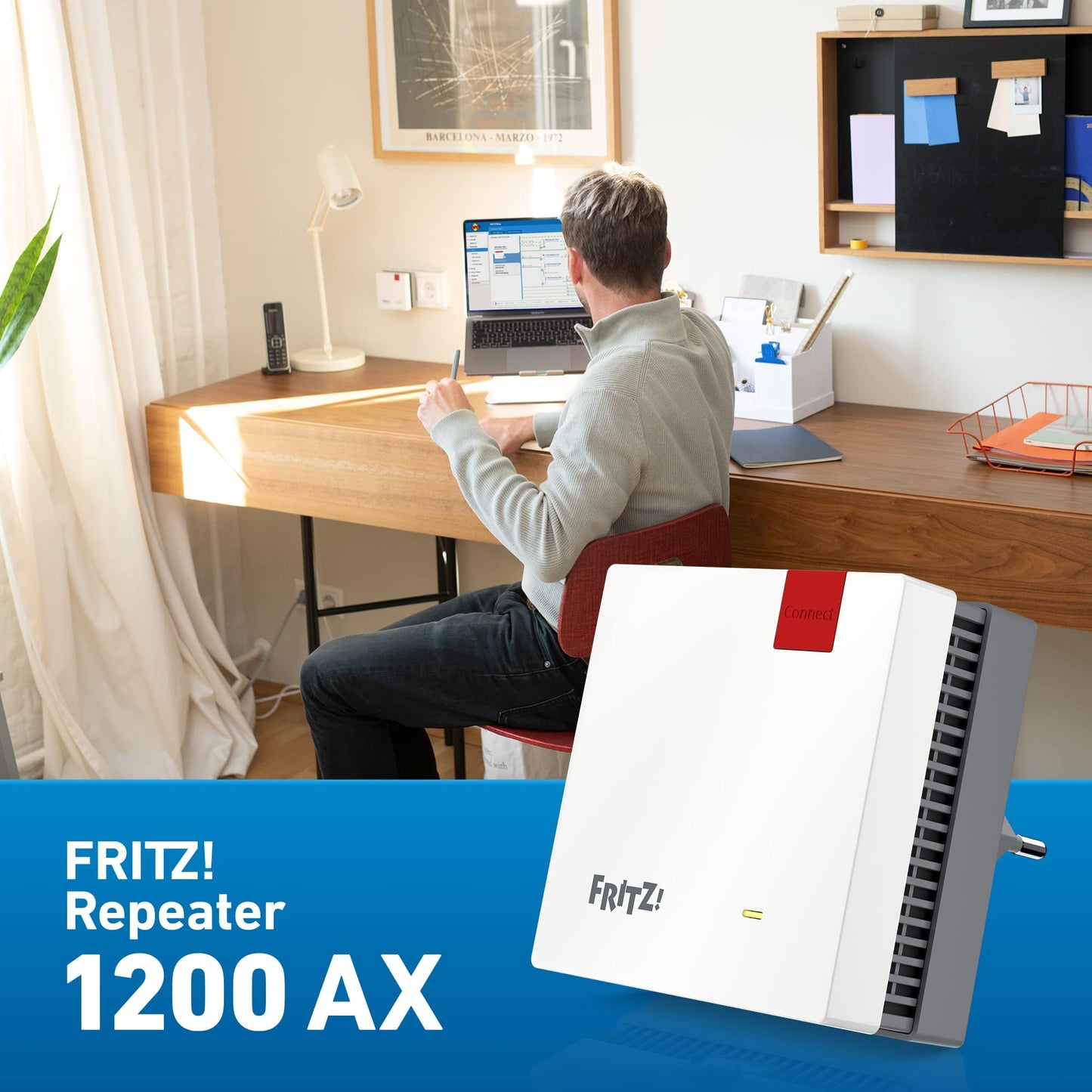 AVM FRITZ! Repeater 1200 AX (Wi-Fi 6 repeater) equipped with two radio units 5 GHz band (up to 2,400 Mbps), 2.4 GHz band (up to 600 Mbps), German-language version) Wi-Fi Repeater Single