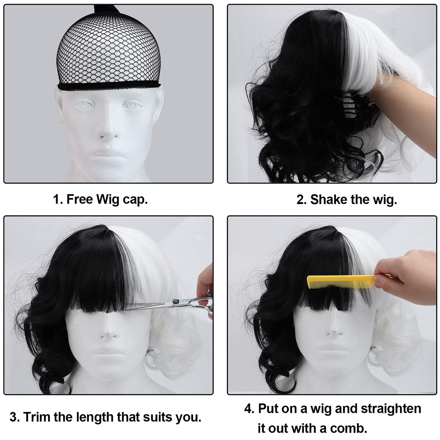 Wavy Black White Wig Two-color Wig, Half Black and Half White Short Wavy Curly Hair for Halloween Christmas Carnival Party and Cosplay Party Costume Accessories