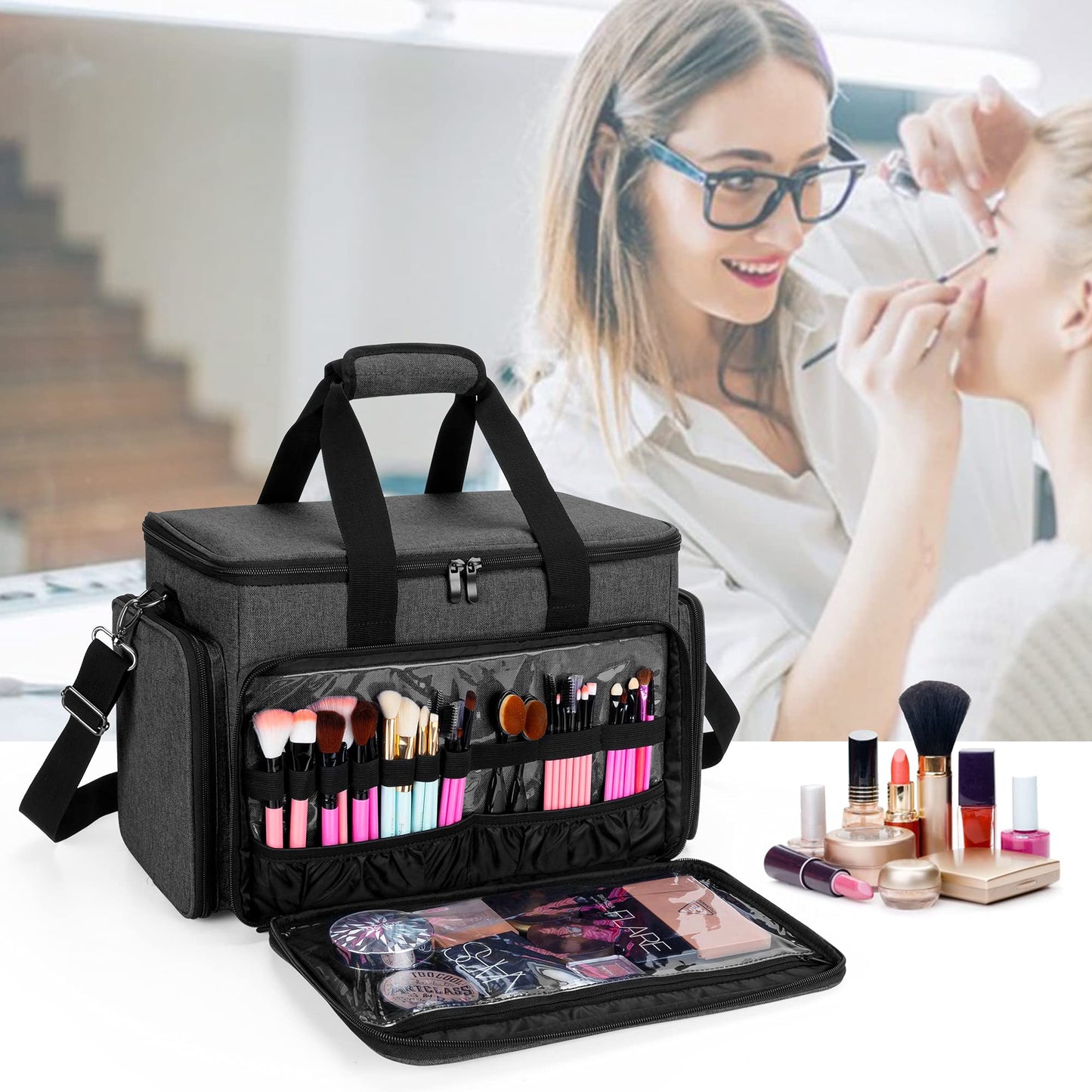 BAFASO Large Cosmetic Bag Makeup Bag with Adjustable Dividers, Travel Makeup Case Holds Cosmetics, Black