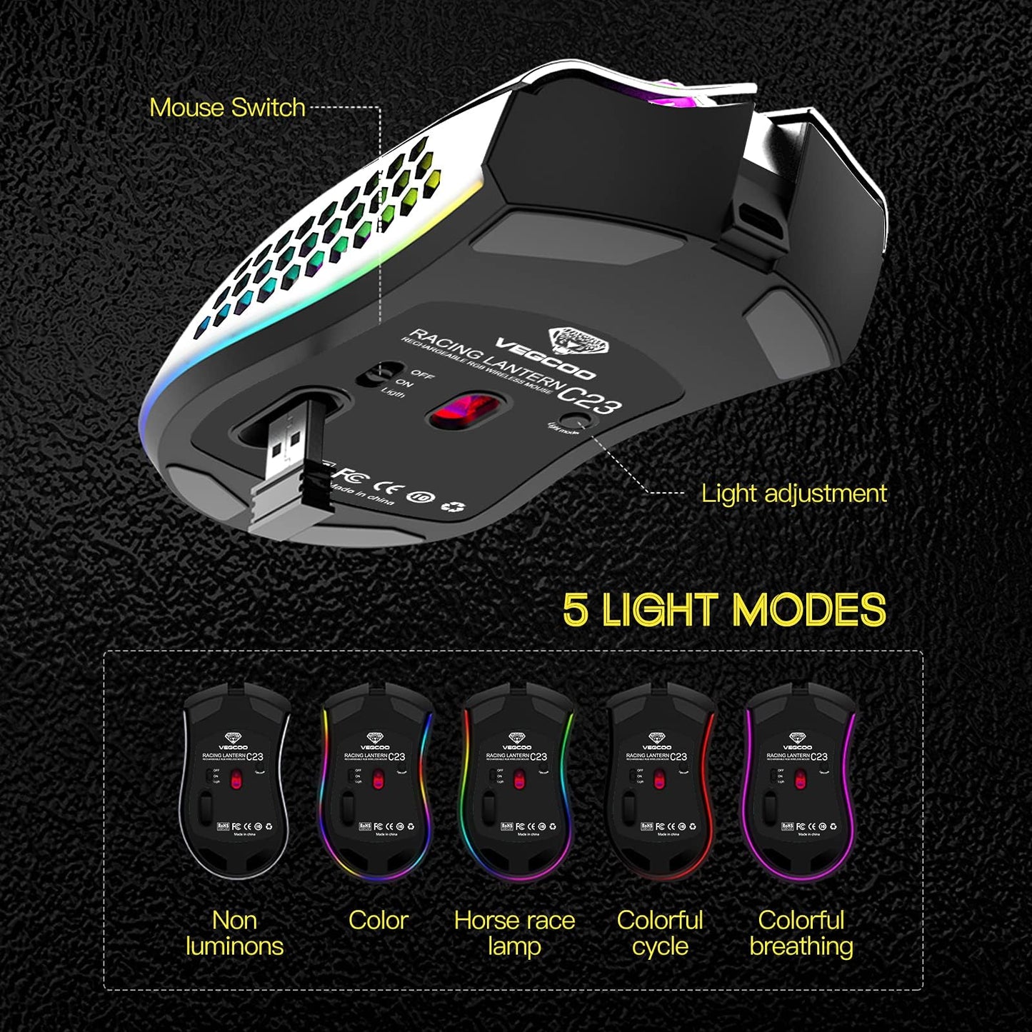 VEGCOO Gaming Mouse, Rechargeable Wireless Mouse with Honeycomb Wireless Gaming Mouse with RGB Light/Silent Click/Adjustable DPI, Optical Computer Mouse for Laptop PC Computer C23WT-UK