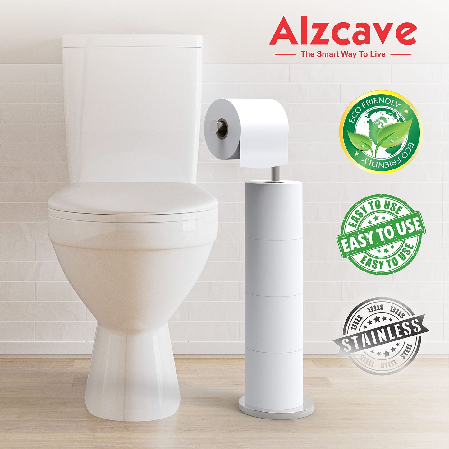 (Alzcave) 2 in 1 Graceful and Trendy - Toilet Roll Holder Free Standing - Stainless Steel Toilet Paper Holder - 5 Toilet Roll Storage Dispenser - Toilet Paper Stand Heavy Base