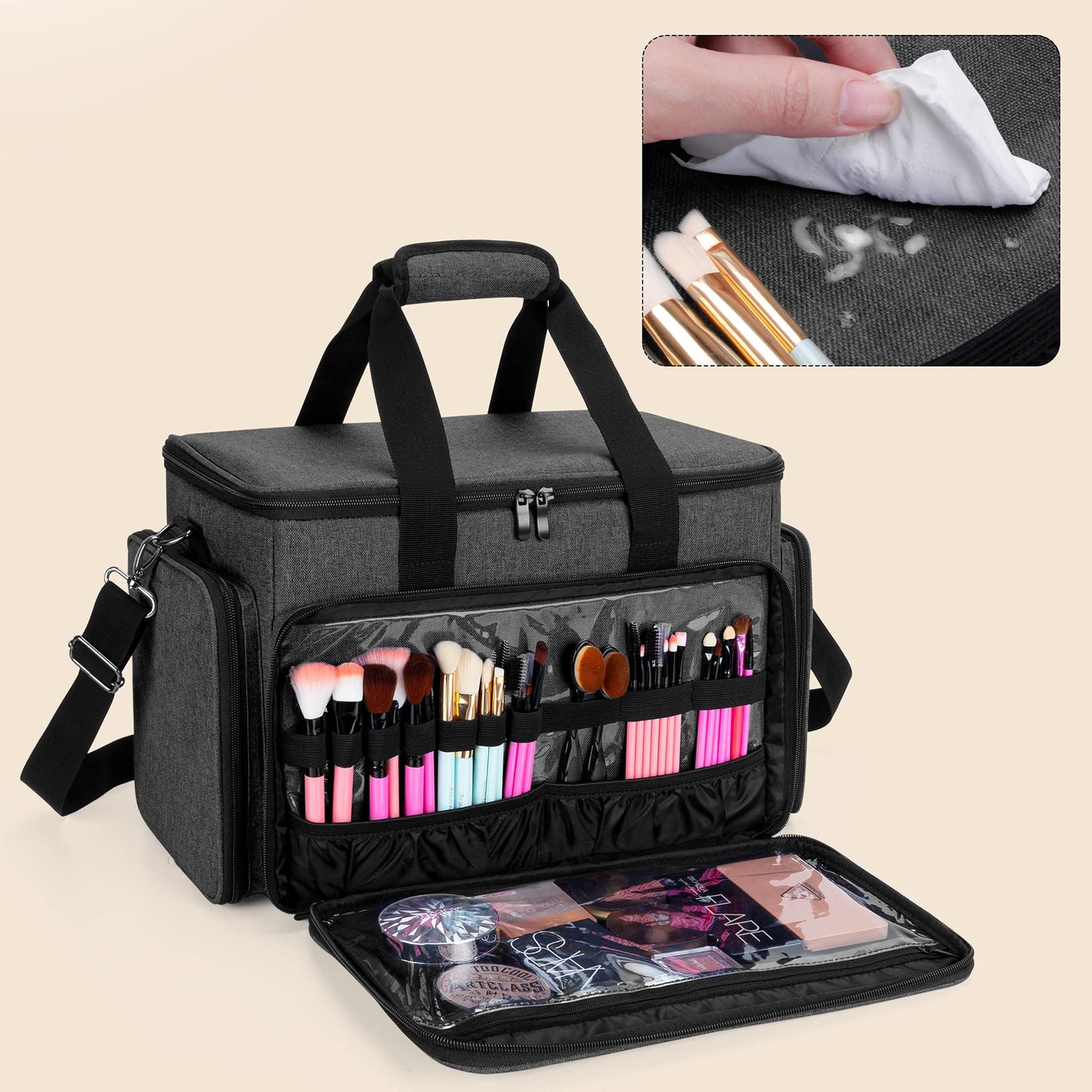 BAFASO Large Cosmetic Bag Makeup Bag with Adjustable Dividers, Travel Makeup Case Holds Cosmetics, Black