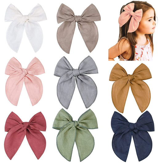 8 PCS Large Fable Hair Bow Cotton Linen Hair Bow for Toddlers Girls Handmade Neutral Bow Hair Accessories for Little Girls Kids