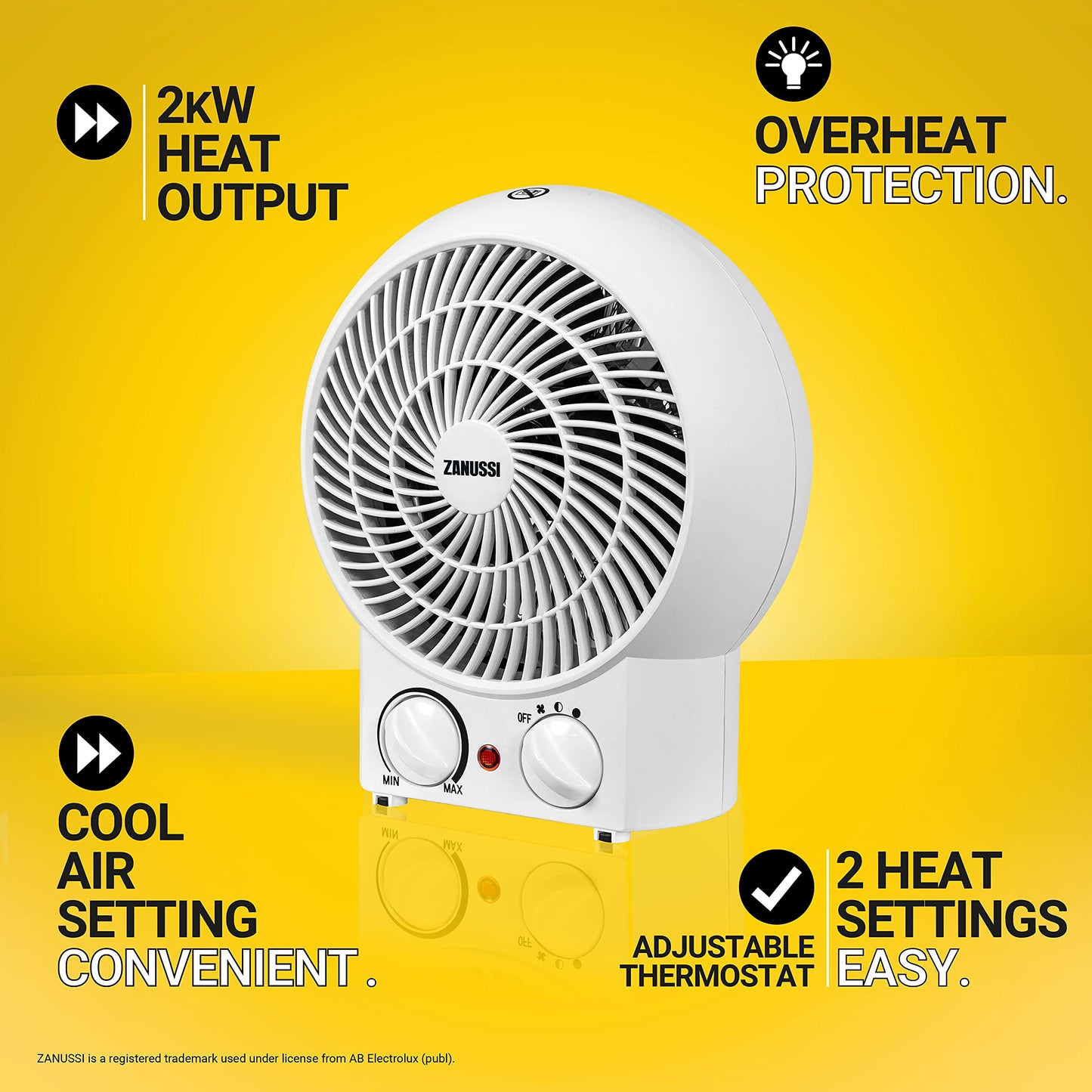 Zanussi ZFH1001 2000W Portable Upright Fan Heater, Two Heat Settings, Overheat Protection, Lightweight (1kg), 1 Year Guarantee - White(1 Pack)