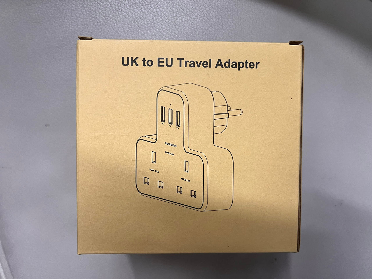 UK to European Plug Adapter, TESSAN Grounded Schuko European Plug Travel Adapter with 3 USB, UK to EU Euro Europe for Spain France Iceland Germany Greece Poland Type E F Adaptor 1