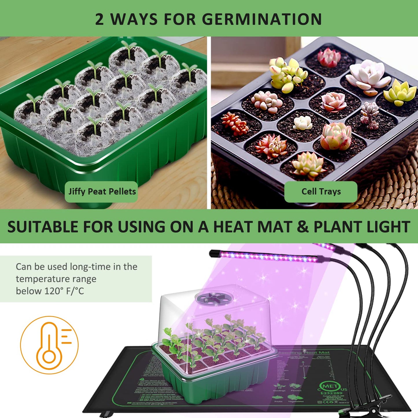 YAUNGEL Seed Trays, 10 Pack 120 Cells Propagator with Heightened Lids, Growing Thicken Seedling Starter Growing Trays with Adjustable Window for Greenhouse & Gardens, Green