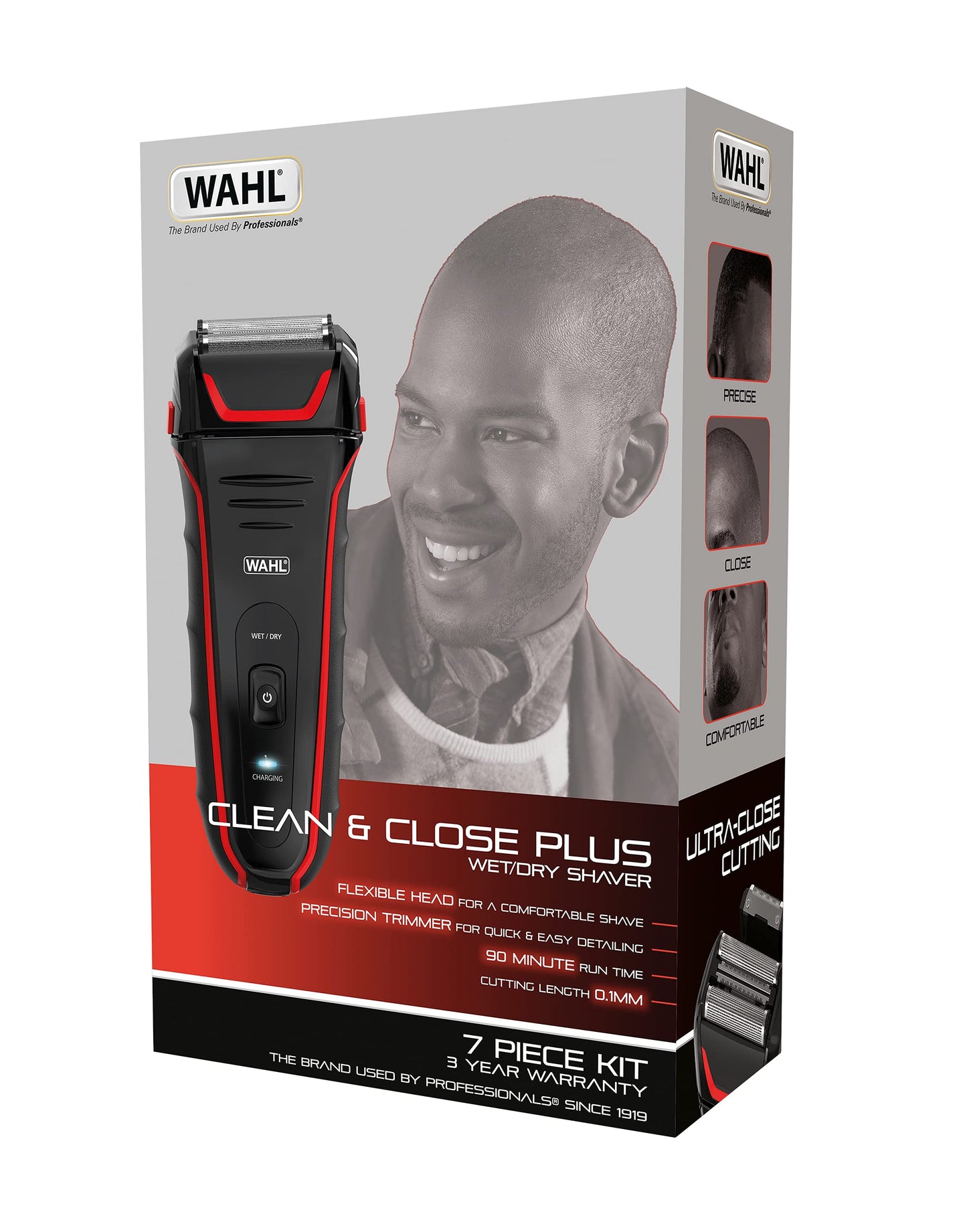 Wahl Clean and Close Plus, Men’s Shaver, Electric Shavers for Men, Beard Shaving, Face Shaver, Flex Foil, Precision Trimmer, Fully Waterproof, Easy Clean, Rubber Grip, Black and Red Single