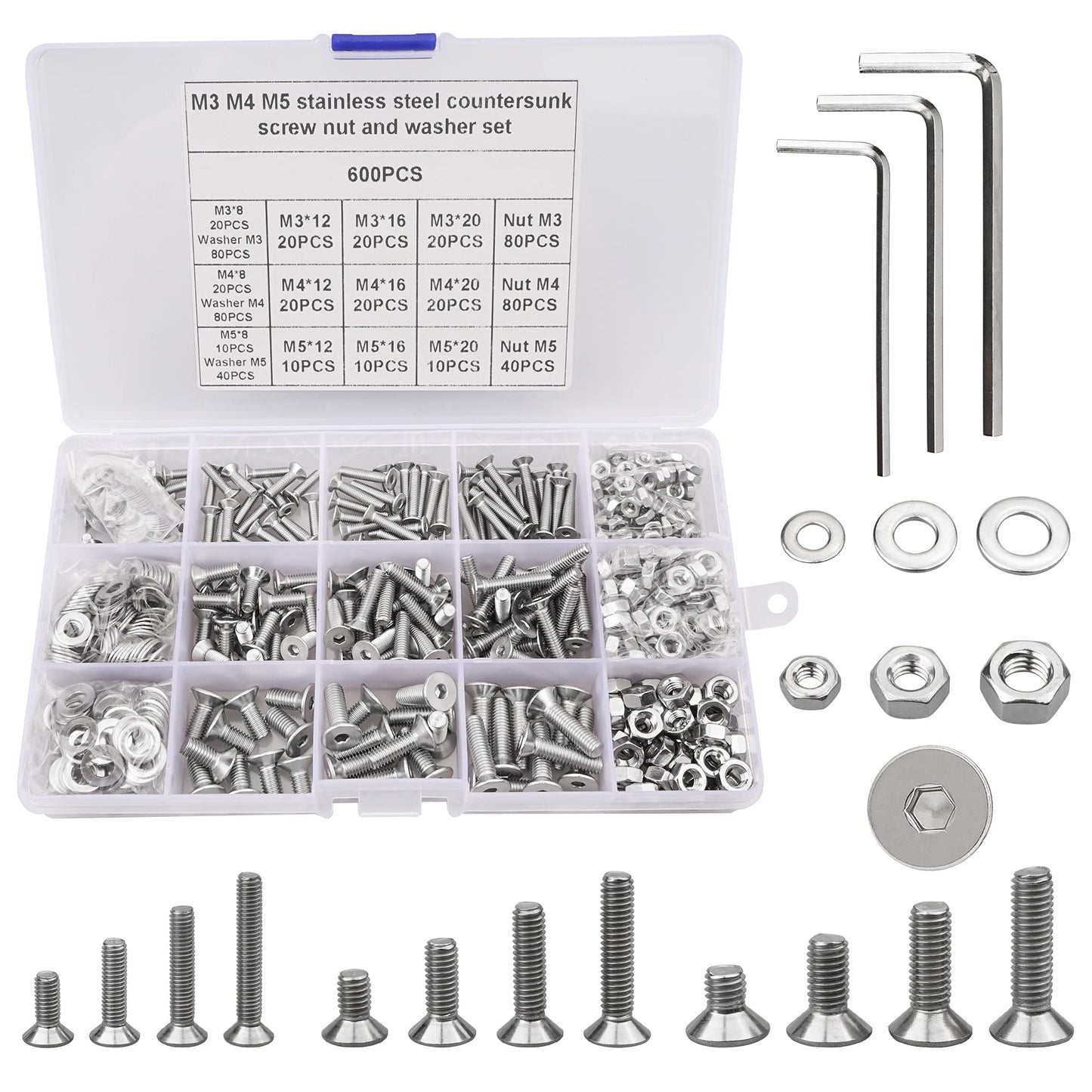 600Pcs M3 M4 M5 Countersunk Bolts Nuts and Washers Set, 304 Stainless Steel Flat Head Socket Cap Hexagonal Machine Screws Assortment Kit with 3 Free Hex Wrenches (8/12/16/20mm)