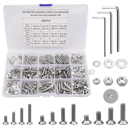 600Pcs M3 M4 M5 Countersunk Bolts Nuts and Washers Set, 304 Stainless Steel Flat Head Socket Cap Hexagonal Machine Screws Assortment Kit with 3 Free Hex Wrenches (8/12/16/20mm)