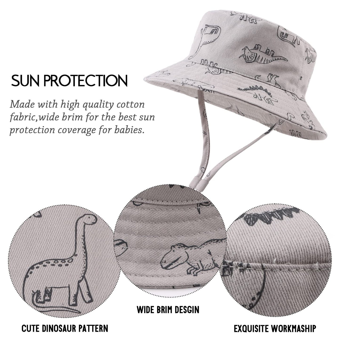 XIAOHAWANG Baby Boy Sun Hat Infant Toddler Dinosaur Bucket Hats Summer Baby Boys Beach Caps 0-3 Months Gray Dinosaur