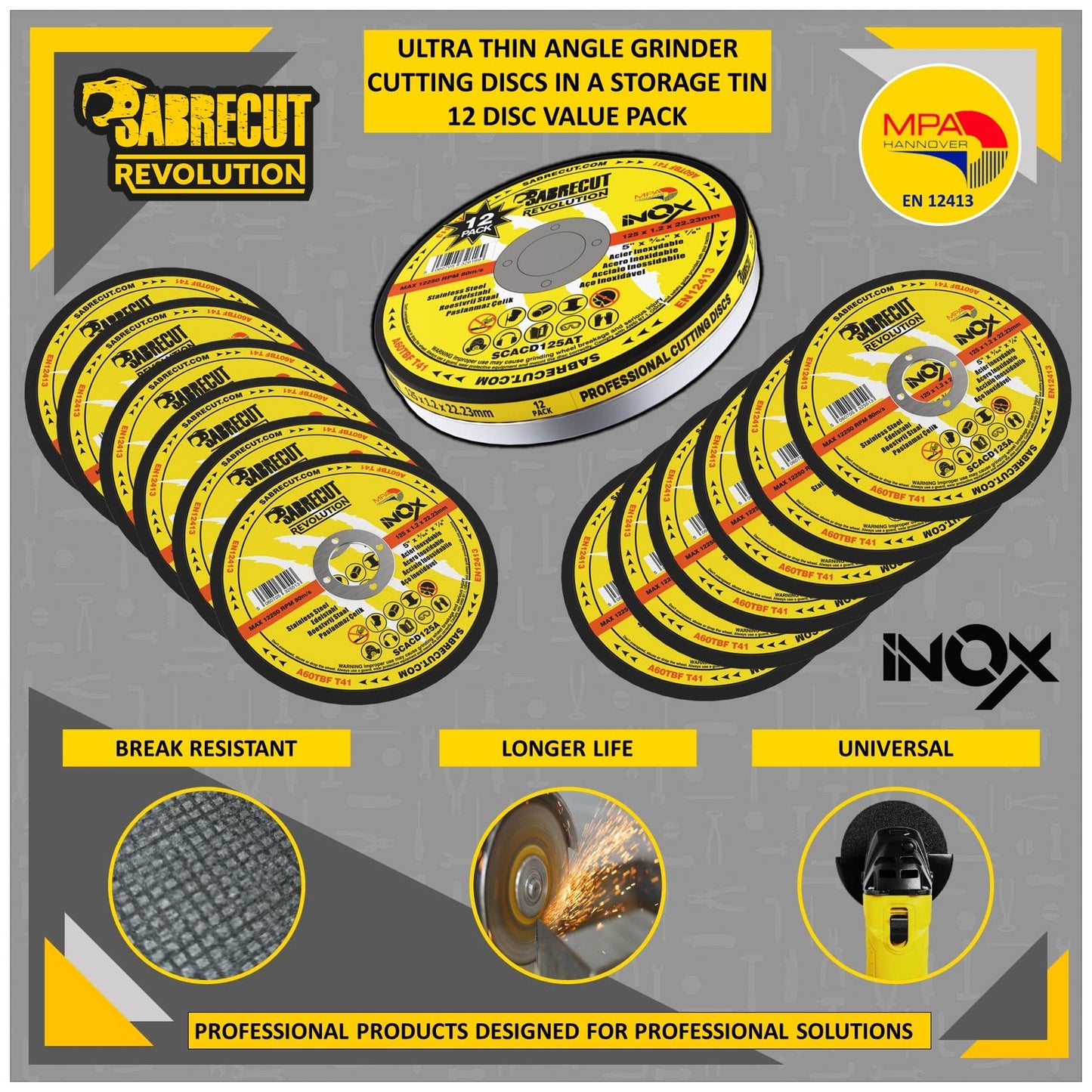 12 x SabreCut SCACD125AT 125mm (5") x 22.23mm Bore Abrasive Stainless Steel INOX Cutting Angle Grinder Circular Saw Discs Box Set Compatible with Bosch Dewalt Makita Milwaukee and Many Others