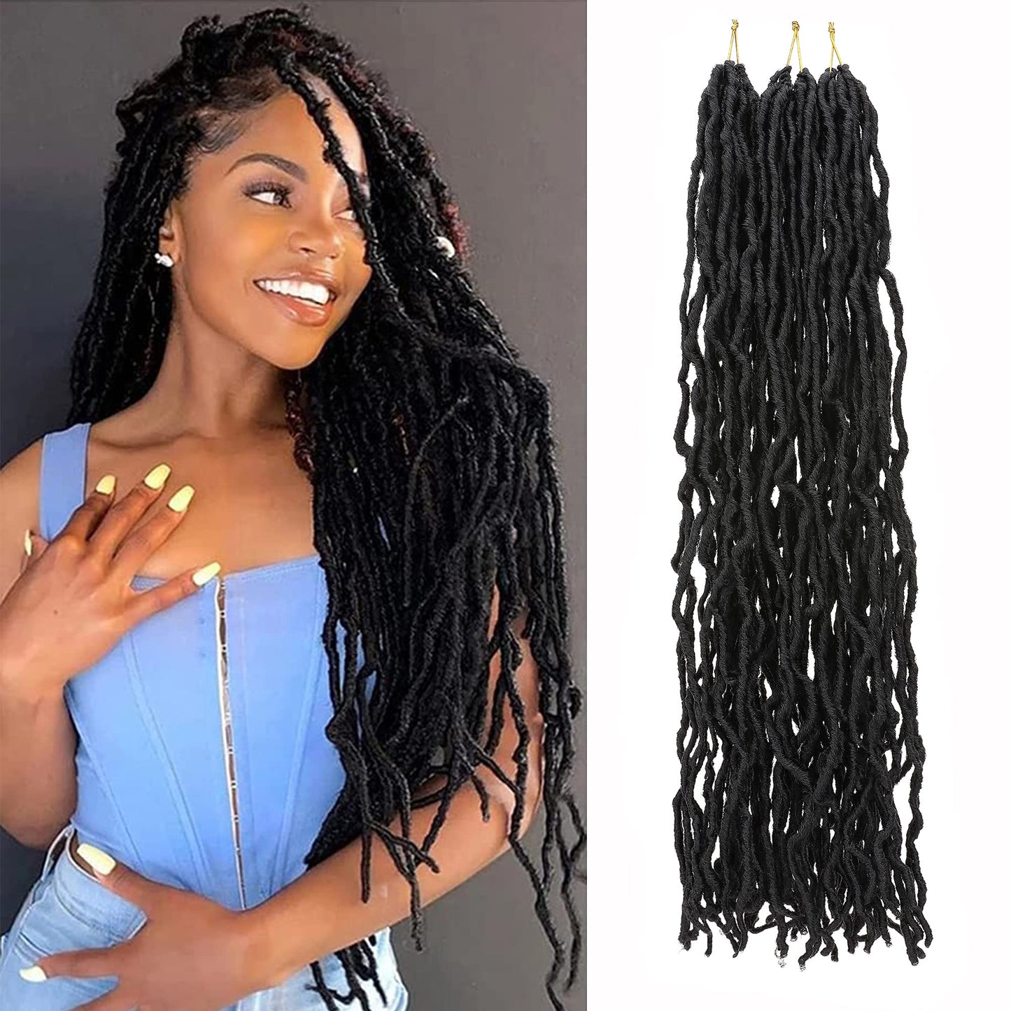 24 Inch Nu Faux Locs Crochet Hair 3 Packs 110g Pre-looped Goddess Locs Crochet Hair 21 Strands/Pack Soft Dreadlocks Synthetic Hair Extensions Natural Black 24inch-3packs