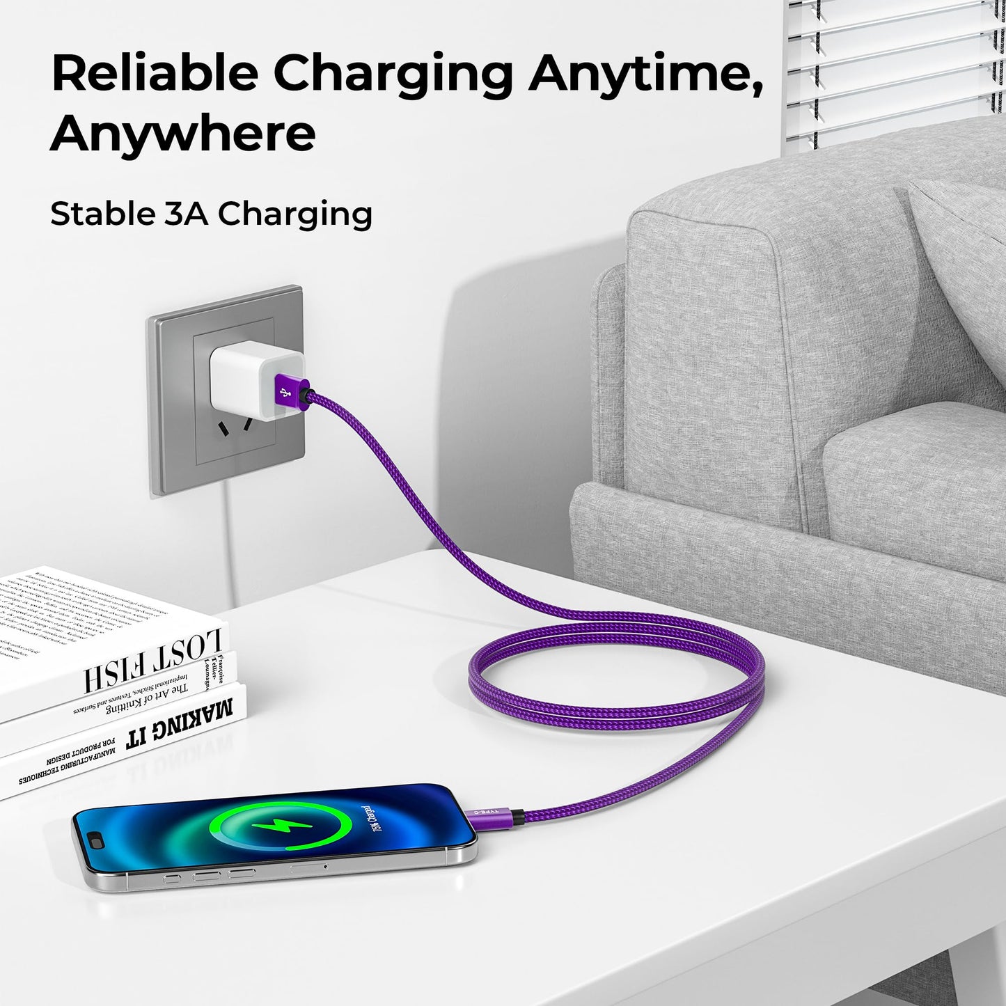 BASESAILOR USB to USB C Charger Cable 3M/2Pack,Long USB Type C Fast Charging Power Lead for iPhone 15 16 Plus Pro Max,iPad 10 10th,Mini 6 6th,7 7th Generation,Samsung Galaxy S25 S24 S23,Z Flip Fold Purple