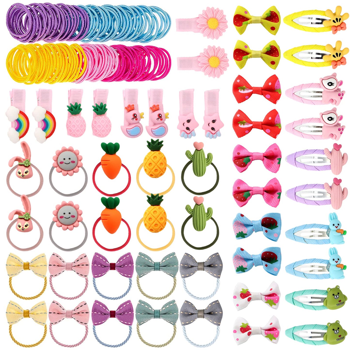 VEGCOO 150 Pcs Girls Hair Accessories Set with Bow Hair Clip Flower Hair Clip Elastic Rubber Hair Ties Hair Accessories for Girls