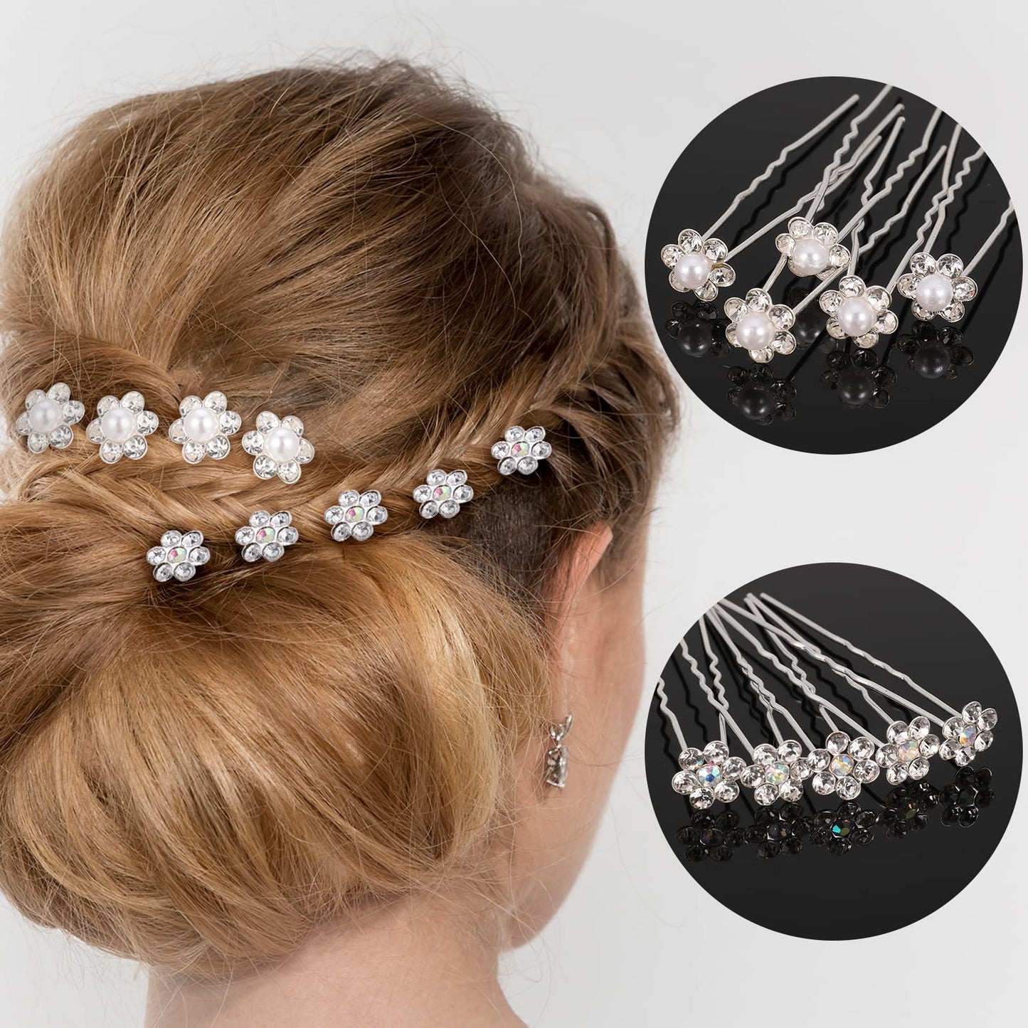 AUXSOUL 30Pcs Bridal Hair Pins, Crystal Pearl Hair Pins U Shaped Diamond Hair Pins, Wedding Rhinestone Hair Clip for Women Girl (6 styles)