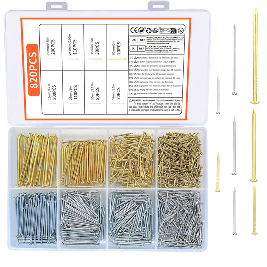 820 Pcs Assorted Nails Set, Flat Head Nails, Concrete Wall Hanging Nails for Hanging Pictures Woodworking Drywall DIY and Crafts Home Construction Nails - Various Sizes 820pcs