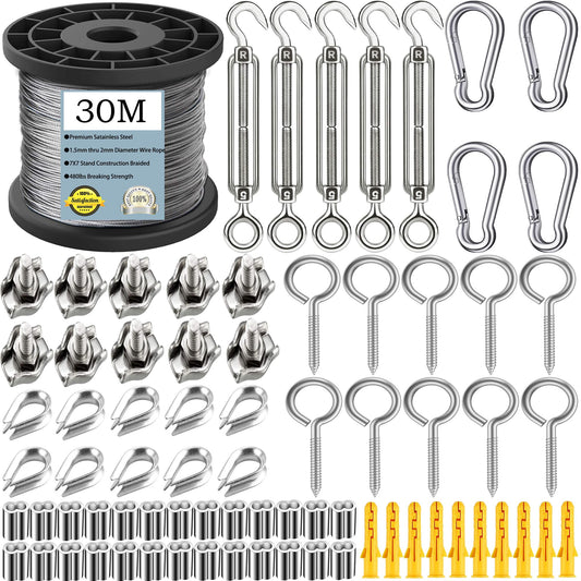 30M Garden Wire for Climbing Plants,304 2MM Stainless Steel Wire Rope Kit,M5 Turnbuckle Wire Tensioner Kit,Cable Railing Kit,Wire Trellis Kit,Catenary Wire Kit with M5 Vine Eyes