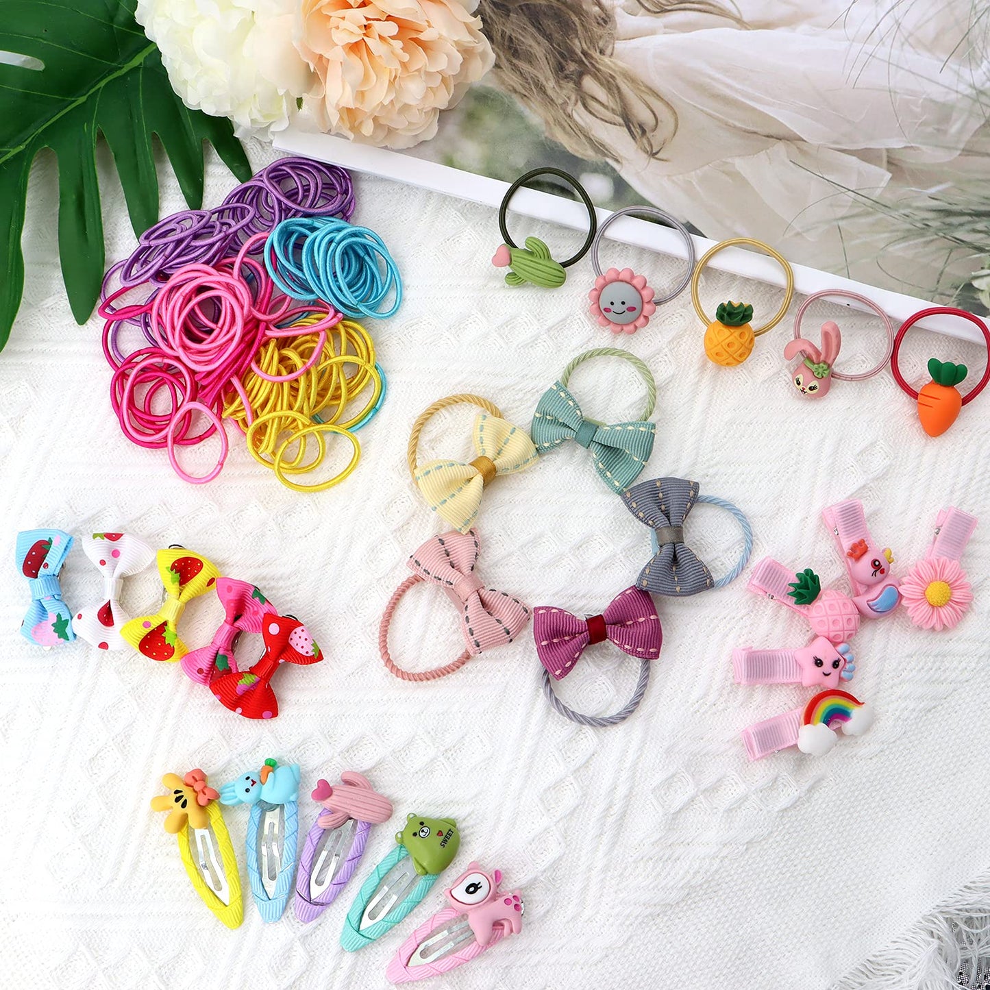 VEGCOO 150 Pcs Girls Hair Accessories Set with Bow Hair Clip Flower Hair Clip Elastic Rubber Hair Ties Hair Accessories for Girls