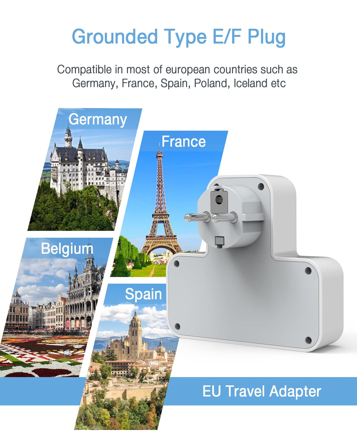 UK to European Plug Adapter, TESSAN Grounded Schuko European Plug Travel Adapter with 3 USB, UK to EU Euro Europe for Spain France Iceland Germany Greece Poland Type E F Adaptor 1