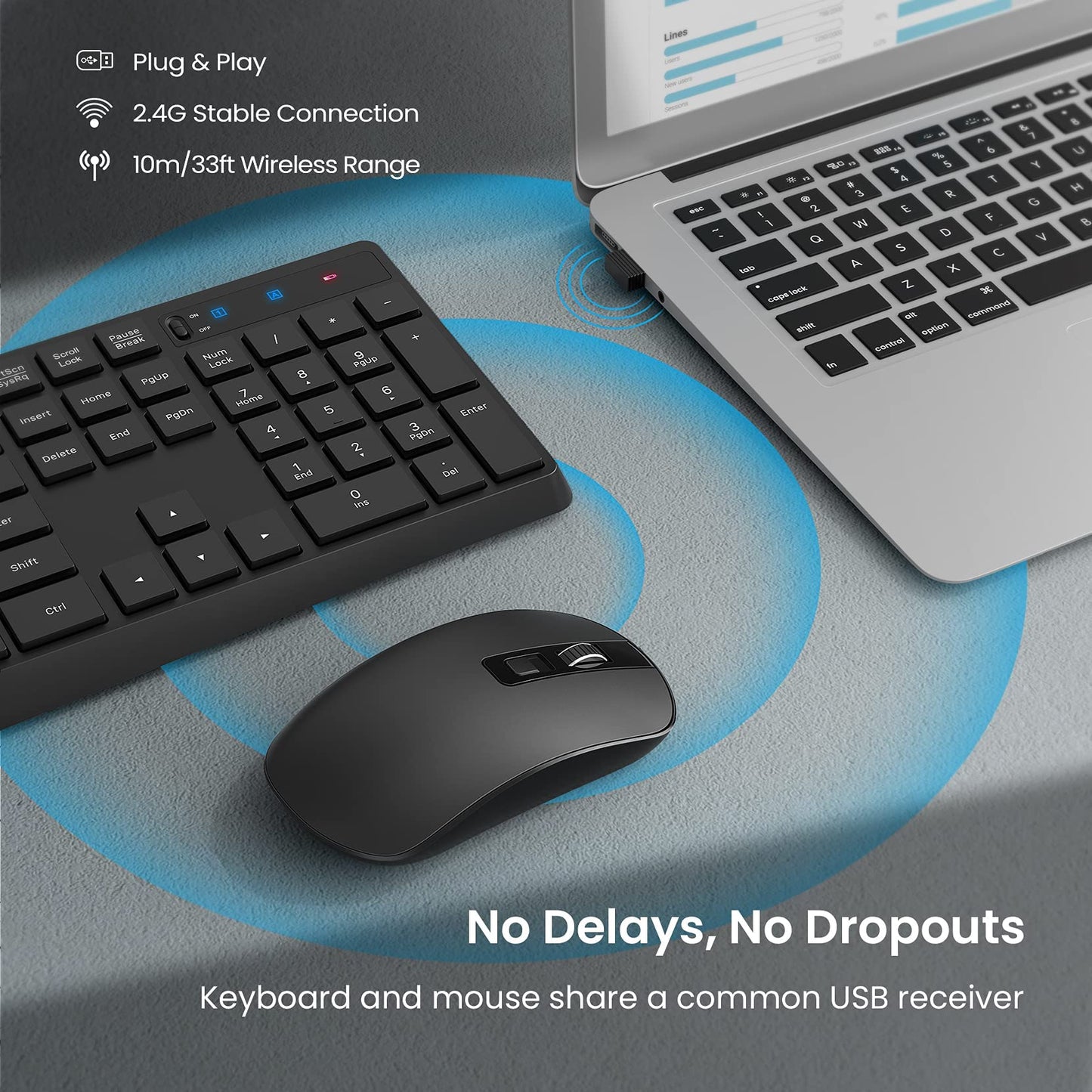 Wireless Keyboard and Mouse Set, Full Size Wireless Keyboard Ergonomic Design & Quiet USB Cordless Mouse Combo UK Layout, 12 Multimedia Shortcuts for Windows Computer PC Laptop Desktop,Black Black