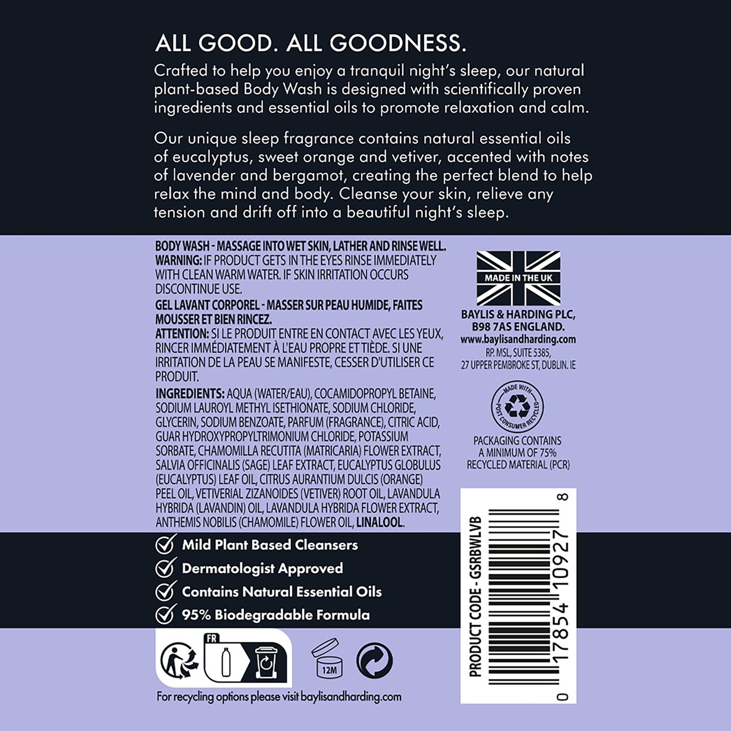 Baylis & Harding Goodness Sleep Lavender & Bergamot Sleep Body Wash, 500ml (Pack of 4) - Vegan Friendly