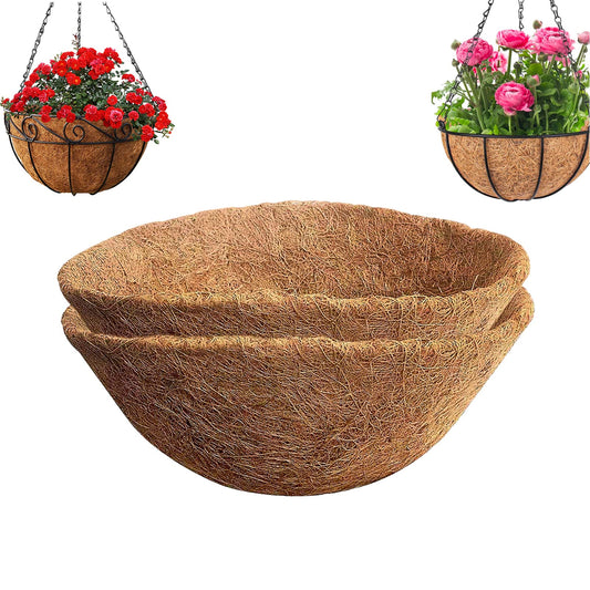 YUNSTK 2 Pcs Hanging Basket Liners 14 inch, Round Planter Liner Coco Fiber Replacement Liner, Natural Coconut Fibres Trough Liners for Hanging Baskets at Indoor Outdoor Garden Porch and Balcony 2pcs-14inch